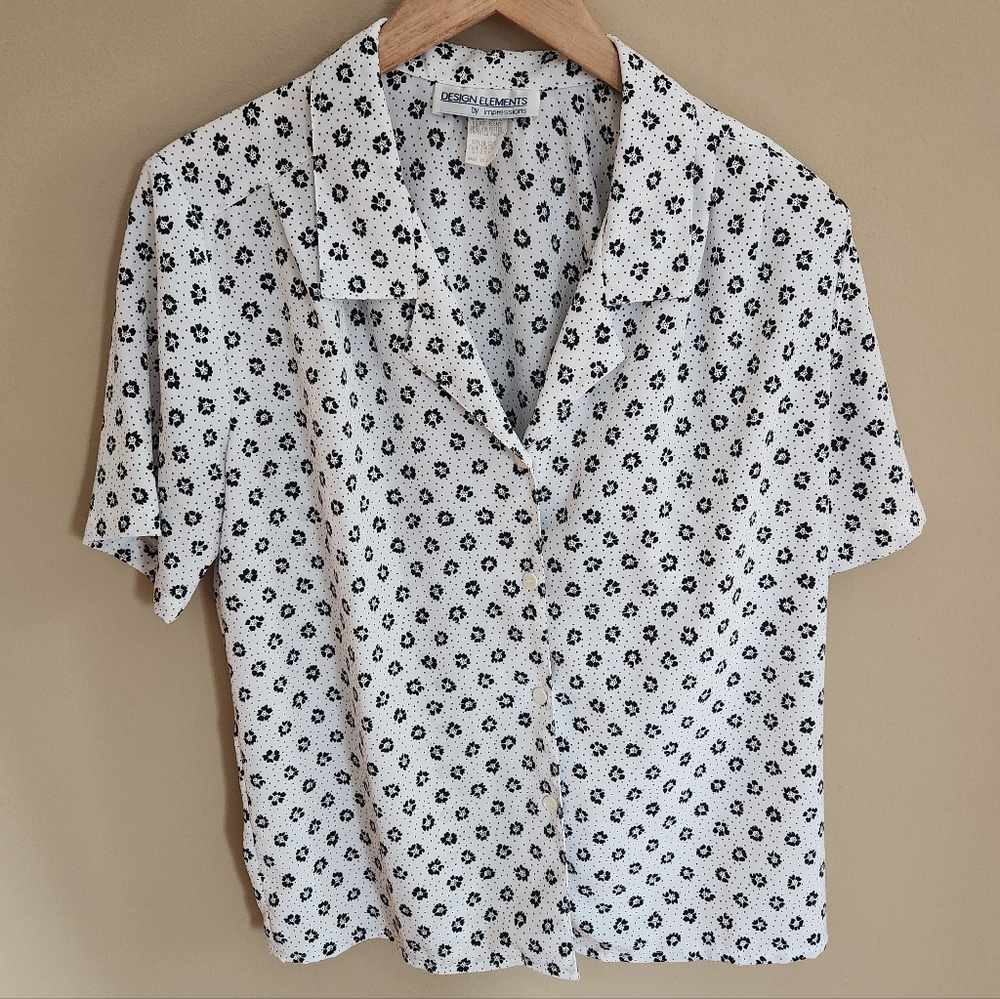 Vintage Monochrome Floral Button-Up Blouse sz 10
